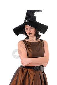 女人戴着帽子万圣节魔鬼黑暗的戴着帽子年轻孤立在白色背景上设计图片