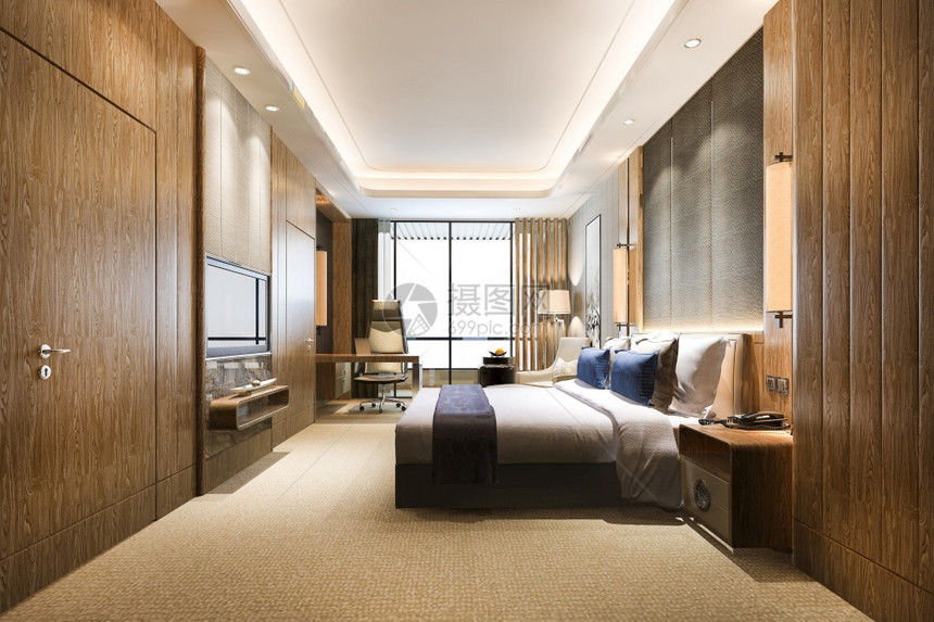 3d在酒店提供豪华的经典现代卧室套房枕头内的公寓图片