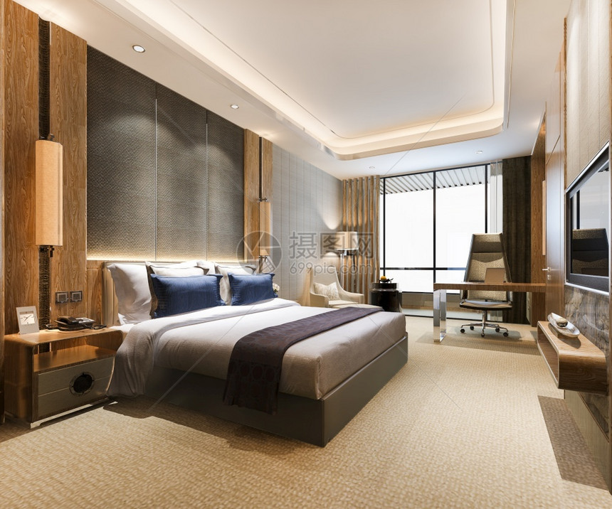 放松装饰风格渲染3d在酒店提供豪华的经典现代卧室套房图片