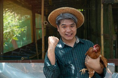 愉快的亚洲农民抱着母鸡图片