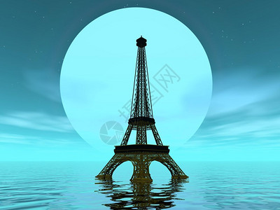 游客象征艾菲尔塔在大月亮前和绿夜水面法语图片