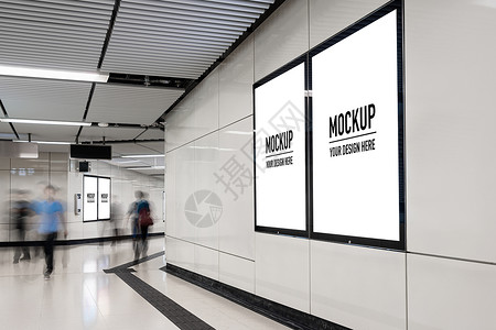 上市倒计时海报水平的空白招牌位于地下大厅或铁的空白广告牌用于模拟概念低光速门窗背景