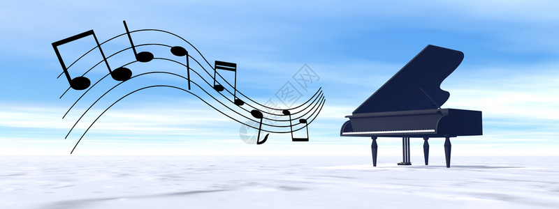 雪梦古老的黑大钢琴天在雪地中演奏旋律3D变成古经典的黑大钢琴在冬天里演奏旋律艺术的美丽音乐设计图片