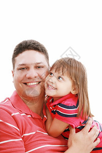 白种人喜悦父亲和女儿微笑的肖像孤立在白色上同谋图片