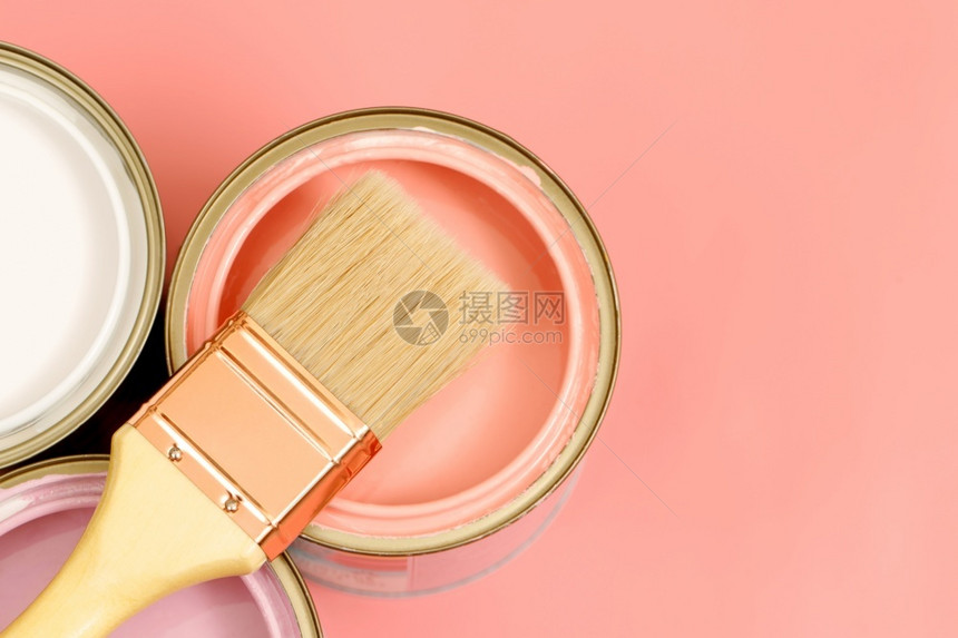 屋油漆罐和刷子以及如何选择完美的室内涂料颜色和健康用油的好成人为了图片