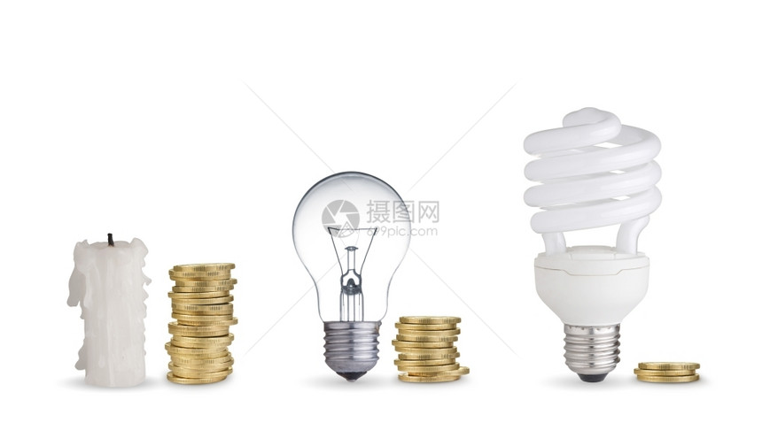 白色的活力解决方案花在不同的灯泡和白蜡烛上的钱图片