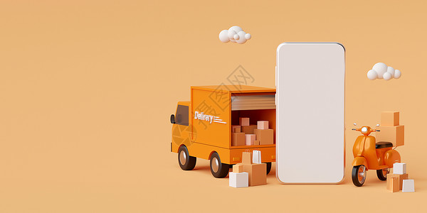 快速交货命令信使食物电子商务概念移动应用送货服务卡车或小摩托运输3D类设计图片