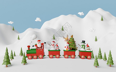 圣诞快乐和新年圣诞火车的场景圣诞老人和朋友在雪山的一起人特点快乐的图片