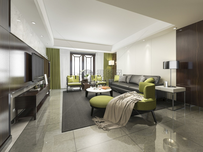 3d提供豪华和现代绿色客厅及沙发经典的内部自在图片