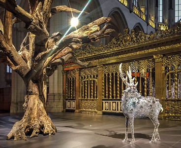 寺庙宗教的在Amsterdam的一个教堂安装树木和鹿的艺术装置屋图片