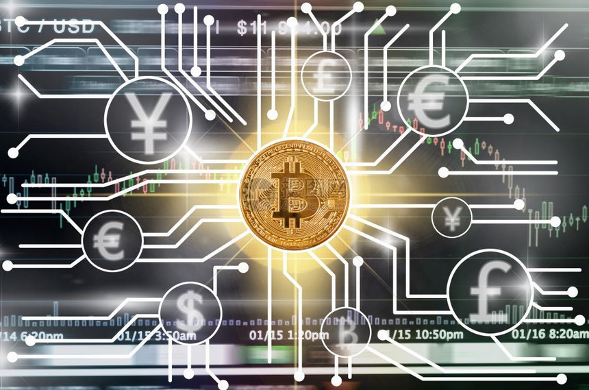 商业密码学堵塞Bitcoins模拟FINTECH关于Cryepto货币交易和Bitcoin交换贸易信息背景Fintech和块链技图片