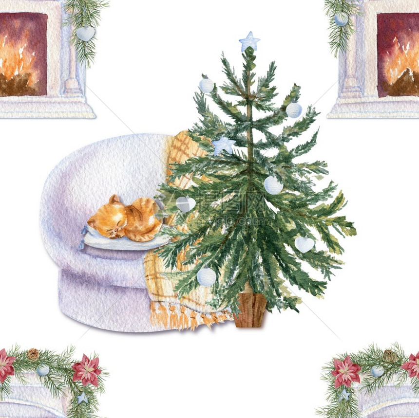 圣诞树沙发和猫在白色孤立背景上的无缝图案水彩圣诞插图纺织品壁炉白色的图片