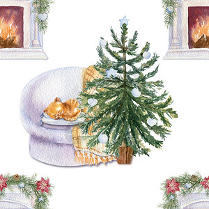 圣诞树沙发和猫在白色孤立背景上的无缝图案水彩圣诞插图纺织品壁炉白色的图片