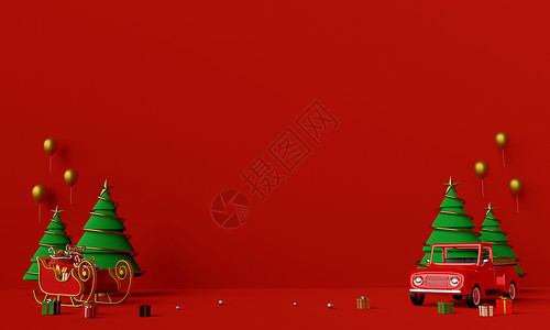 喜庆的圣诞快乐和新年圣诞卡车的景象满圣诞礼物雪橇有复制空间最小的装饰图片