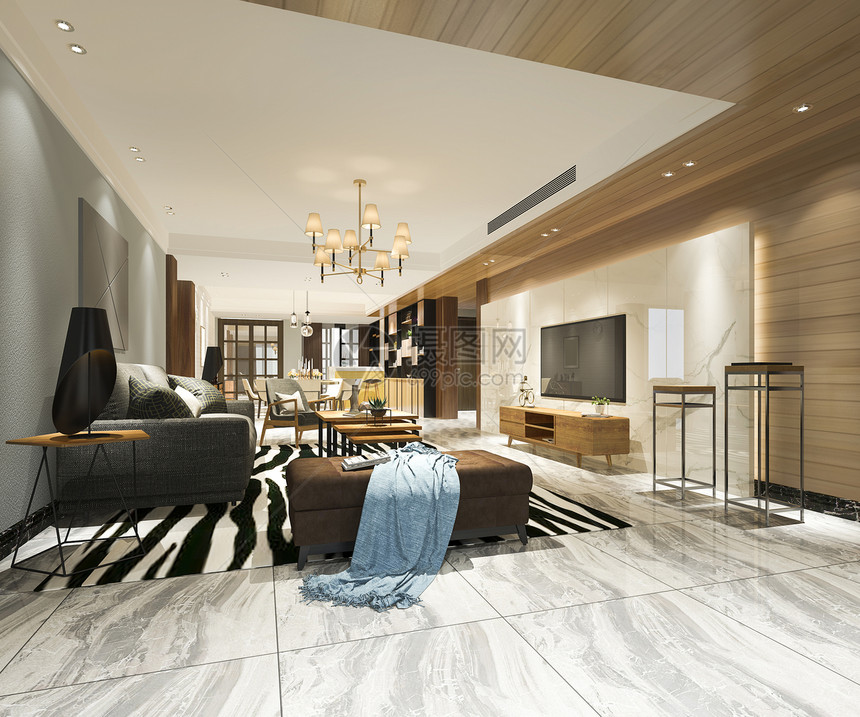 3d提供现代餐厅和客配有豪华装饰品器具公寓房间图片
