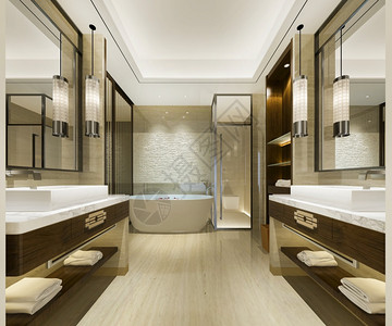 镜子3d提供现代厕所配有豪华瓷砖装饰公寓浴缸图片