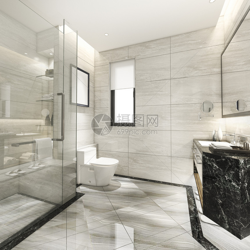 地面洗灯3d提供现代厕所配有豪华瓷砖装饰图片