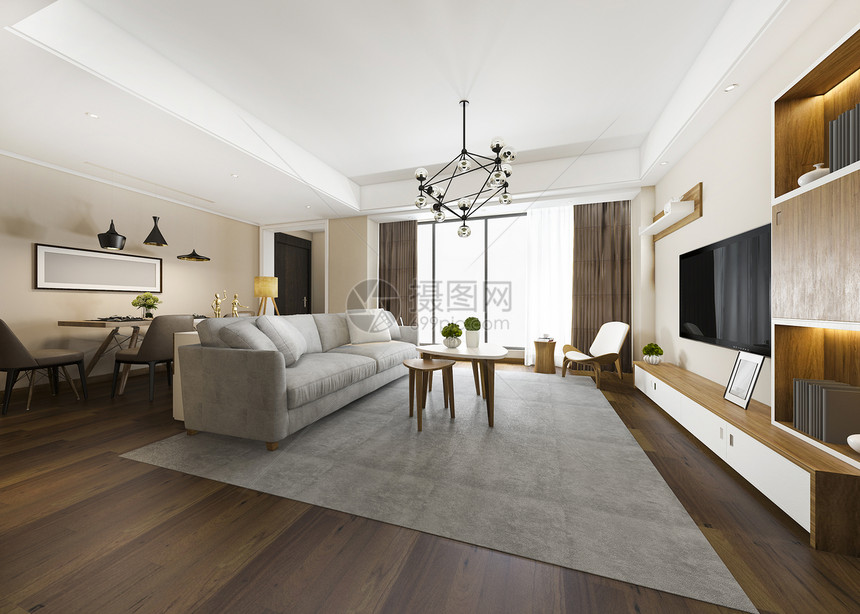 3d提供现代餐厅和客配有豪华装饰品内阁沙发美丽的图片
