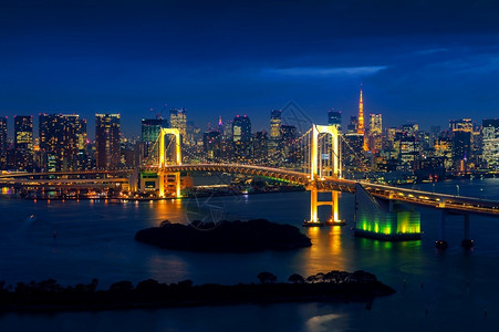 城市的暮日本东京与彩虹桥和塔连接的天际线图片
