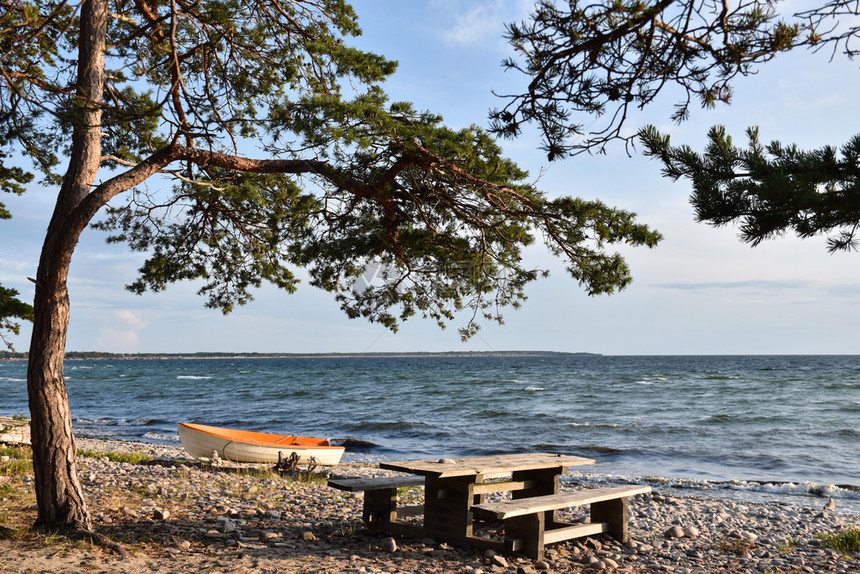 在瑞典奥兰德岛有靠岸船和户外家具的休息区在瑞典奥兰岛丰富多彩的分支机构老图片