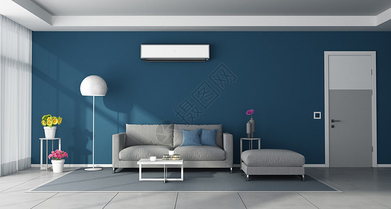 客厅挑空室内的现代蓝色客厅有灰家具封闭门和墙上的空调机3D为现代蓝色客厅有灰家具和空调机植物的设计图片