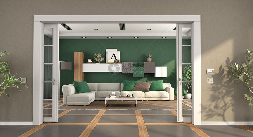 客厅有开放的滑动门和背景沙发3D制成现代客厅有滑动门和优雅的沙发木头国内当代图片