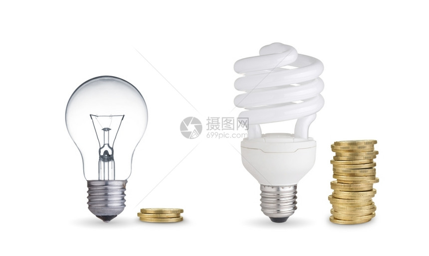 钱存在不同种类的灯泡中白纸分离进步生态白色的图片