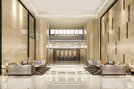 等待大堂明亮的3d提供豪华酒店接待厅入口和休息室餐厅背景