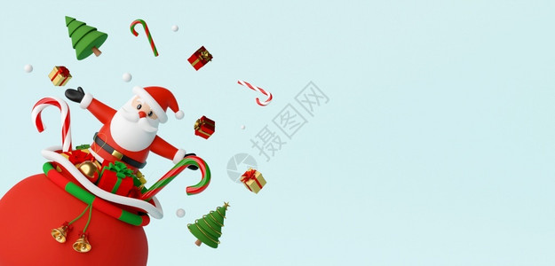 红色雪橇圣诞快乐和新年圣诞老人从礼物袋里跳出来三D红色的盒子展示设计图片