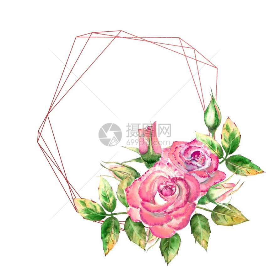 花店美丽的几何框架饰有花朵粉红玫瑰绿叶开合花精美水彩插图几何框架饰有花朵粉红玫瑰开合花精致水彩插图夏天图片