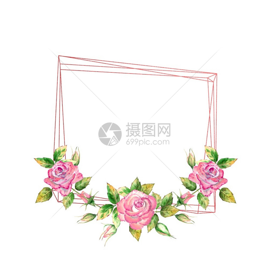 白色的几何框架饰有花朵粉红玫瑰绿叶开合花精美水彩插图几何框架饰有花朵粉红玫瑰开合花精致水彩插图优质的假期图片