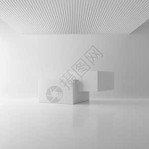 白色小立方体立方体实际的在天花板上背景的白色两个矩形块方抽象现代建筑模型概念小室内演播讲台平商业演示阶段3D插图显示Name漂浮设计图片
