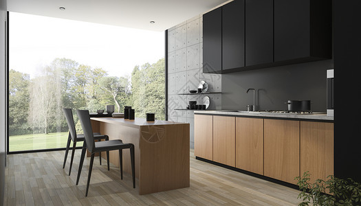 黑色和浅褐色鸭复古的当代3d使现黑厨房化用木制烤箱设计图片
