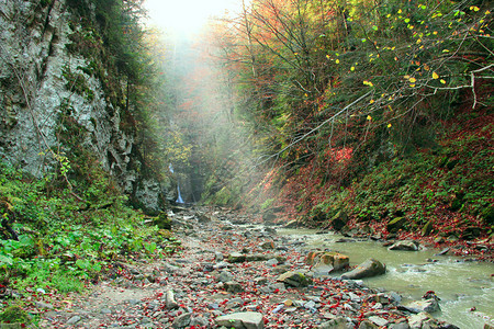 马雅夫斯基户外湿的瀑布与水从喀尔巴阡山脉的马尼亚夫斯基瀑布的悬崖上落下水从悬崖上落下山中的秋季景观与河流山区的秋季景观与河流山区活力背景