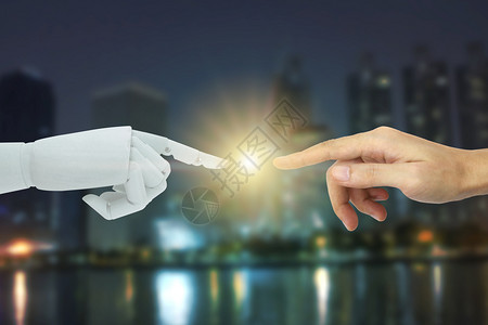 攻击机器人和手触摸城市背景人工智能技术概念人工智能技术概念未来进化图片