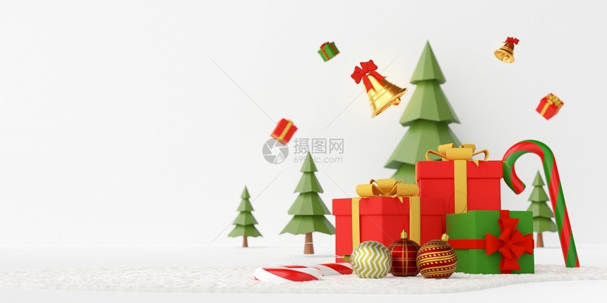 圣诞横旗礼物和装饰品在雪地上后面有松树白色背景有复制空间3D展示一种喜庆的图片