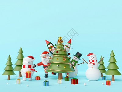 造雪机礼物圣诞快乐和新年圣诞派对老人和有树的朋友在蓝色背景上3D造相驯鹿蓝色的设计图片