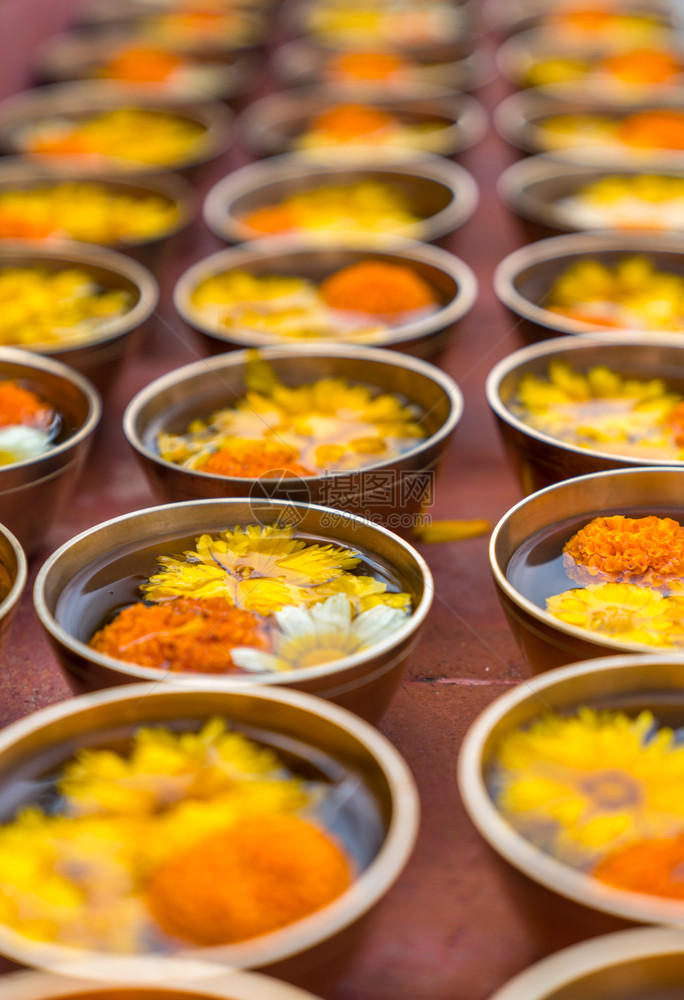 庆典佛教徒在寺庙内献花或用碗和横排的佛教宗提供鲜花或礼物菊图片