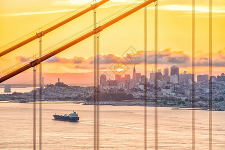 著名的金门大桥美国日落旧金山街道旅游全景图片