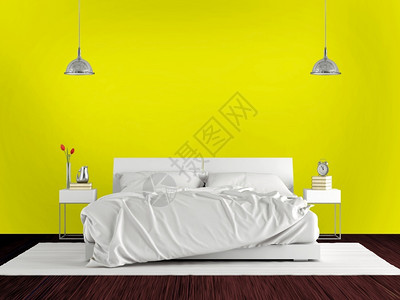 住宅用双床和黄色墙对面的两张双床最小型主卧室3极简主义者白色的图片