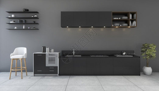 黑色和浅褐色鸭微波桌子现代的3D漆黑厨房设计室最小设计图片