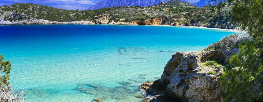 蓝色的天空树克里特岛最美丽的海滩AgiosNicolaos希腊自然景观附近Istron海湾图片