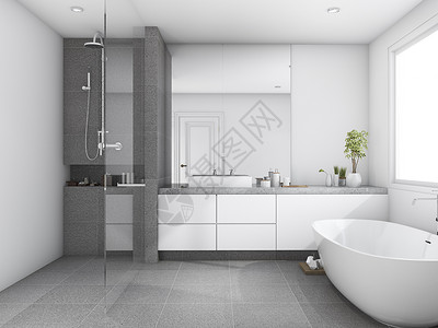 通厕3d在窗户附近提供奢华和现代风格的木材洗手间屋当代的植物设计图片