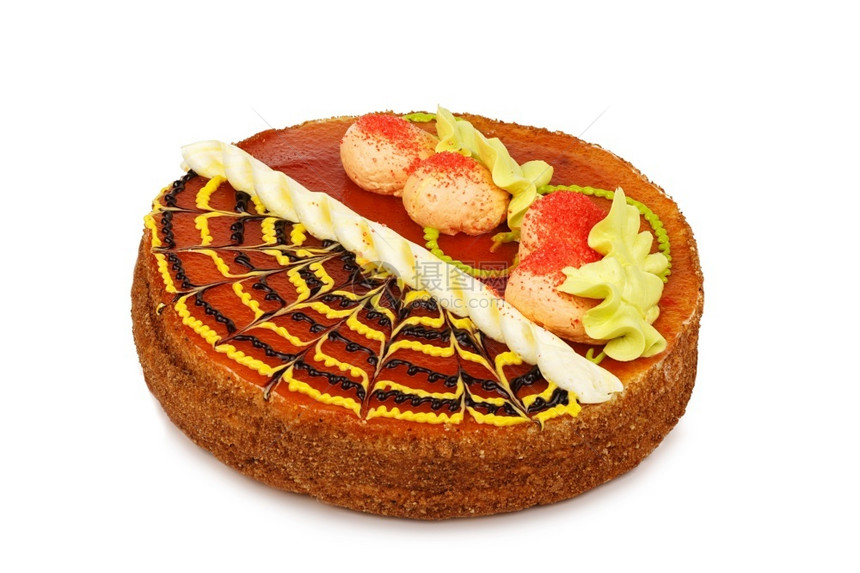 卡仕达酱蛋白质富有的以背景隔离奶油浆果为装饰的橘子蛋糕图片