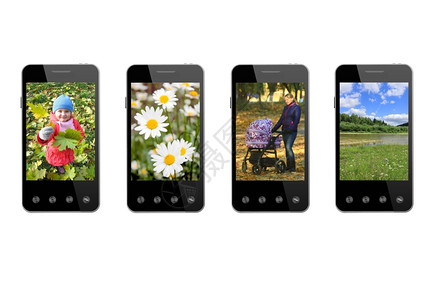 缩短相机四台现代智能手机带有白色背景上隔离的彩色图象设计图片