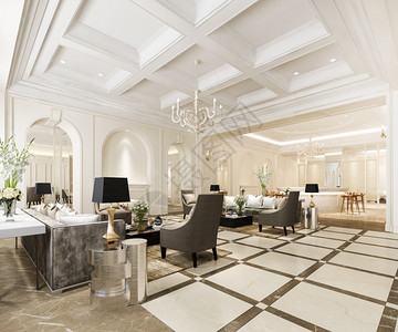 3d提供经典豪华酒店接待厅和带有装饰架子的办公室扶手椅阳台房间图片