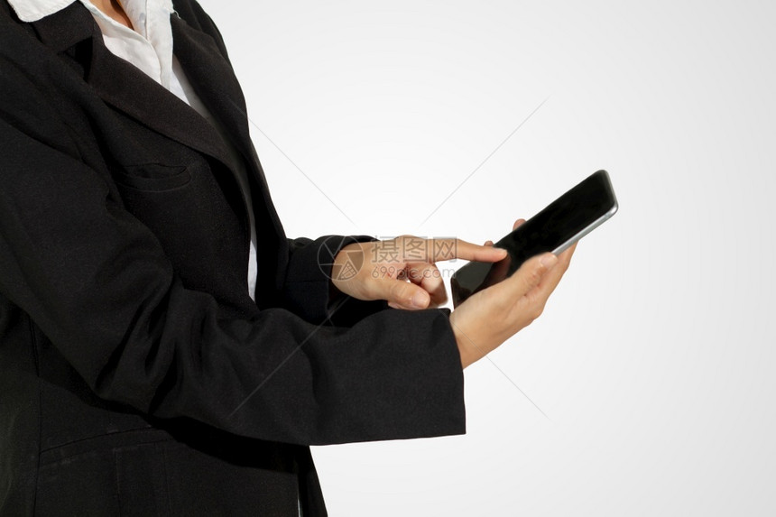 电脑男女商人正在使用手机和触摸白背景孤立的智能电话b沟通测试图片