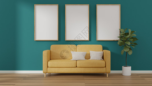 内地照片海报在3D窗口旁边的墙架和黄色沙发椅子上白色的最小简单图片