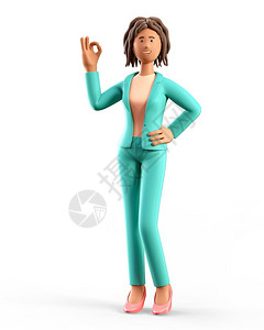 动话广告素材快乐的3D显示非洲女站立的表现不错的手势画像动微笑着美丽优雅的女商人穿着绿色西装带好牌子在白色背景上被孤立女孩渲染设计图片