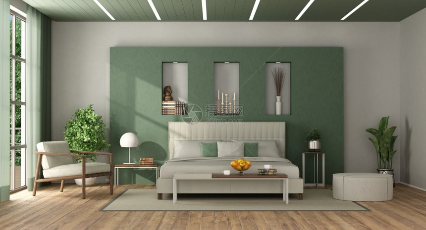 白色和绿的优雅主卧室用双床对着有缝隙的墙壁3D制成白色和绿优雅的主卧室阳光软垫植物图片
